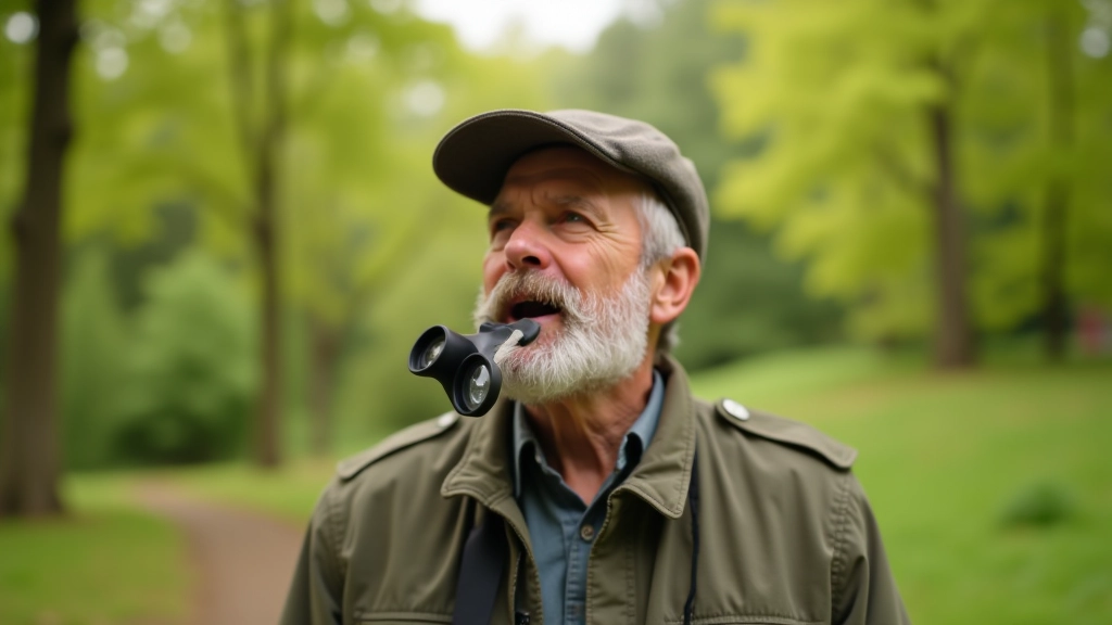 Senioras su binokliu stebinti gamtą